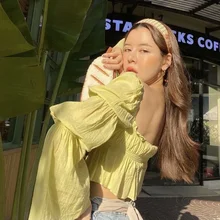 

Ladies Summer Fashion Hedging Long-sleeved Square Neck Slim-fit Trumpet-sleeved Navel Slim-fit Temperament Short Women's T-shirt