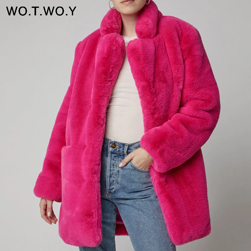 WOTWOY женское вязаное пальто из искусственного меха Осень зима 2019 отложной