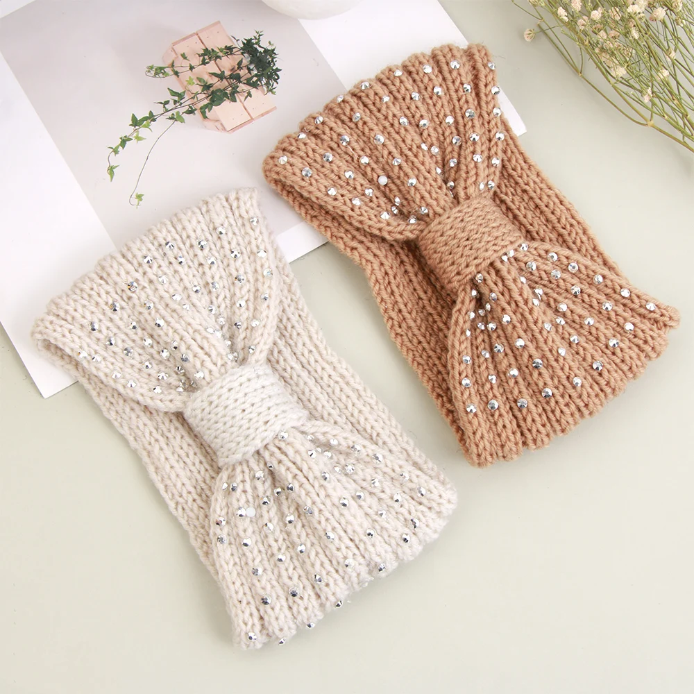 

Soft Winter Warmer Ear Knitted Headband Bow Rhinestone Headwear For Women Girls European Solid Turban Hair Band Head Warp Dropsh