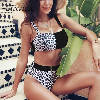 

Liegrasse Sexy Two Piece Bikini Set Leopard Print Swimsuit Patchwork Bathing Suit High Waist Push Up Beach Swimwear