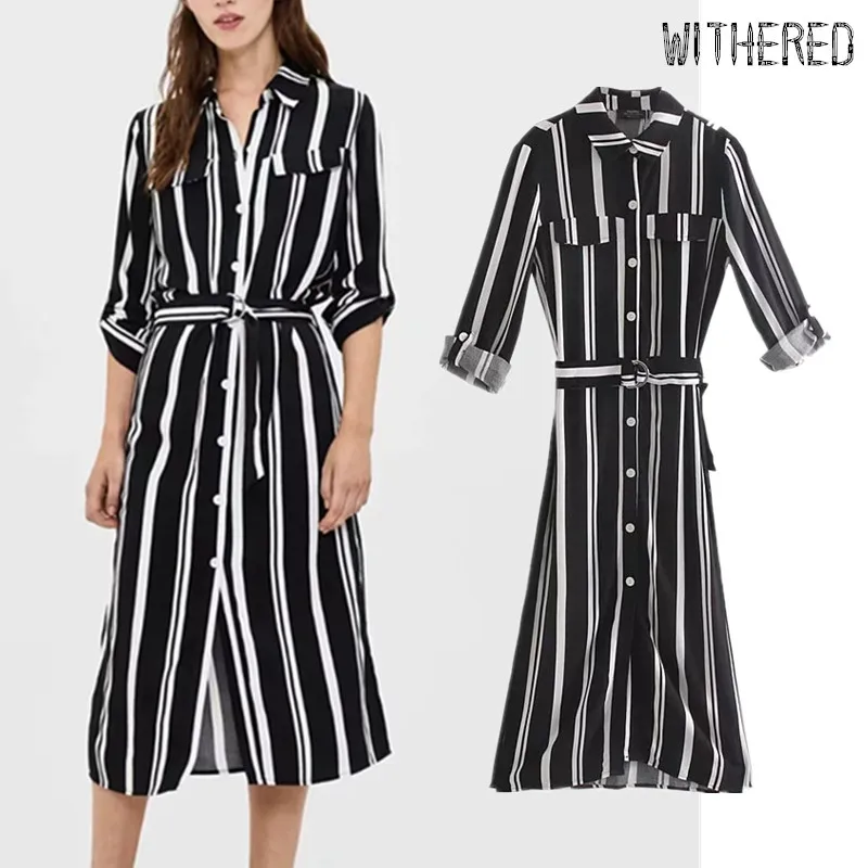 

Withered autumn dress women england simple striped sashes pockets vestidos de fiesta de noche vestidos long shirt party dress