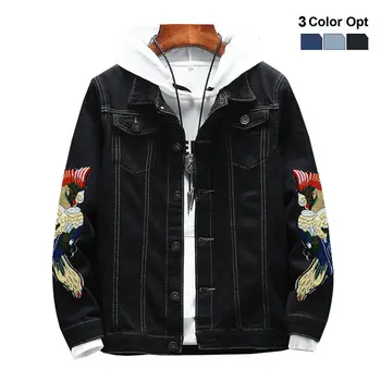 

Men Boy Jean Denim Jacket Outerwear Classic Coat Embroidery Ripped Bomber Parrot Skate Boho Hip Pop Jacket Outfit Black Blue