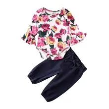 2Pcs Newborn Toddler Baby Girls Flower Tops Romper Long Pants Outfits Clothes