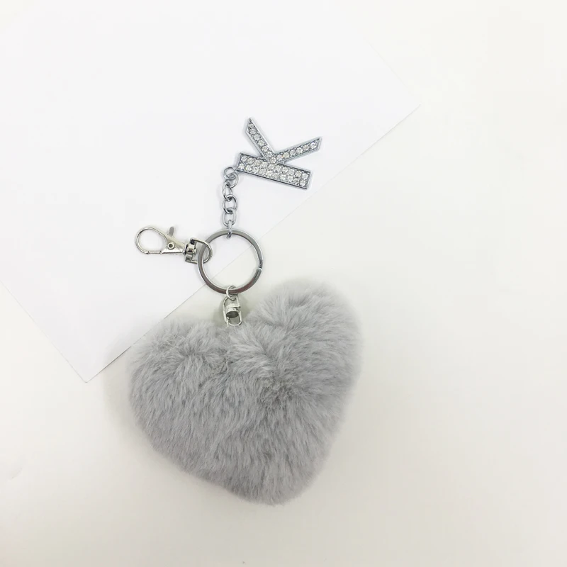 Пушистый цветной помпон искусственный мех кролика сердце брелки буквы с кристаллами брелок для ключей трендовые ювелирные изделия сумка аксессуары Подарки