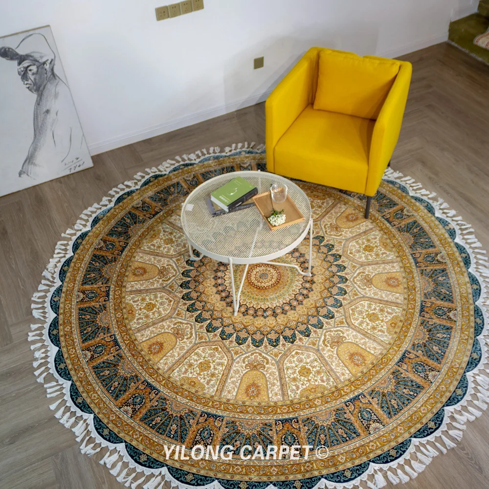 Yilong 8 2 &quotx 2&quot персидский шелковый ковер бежевый медальон изысканный круглый (1729)