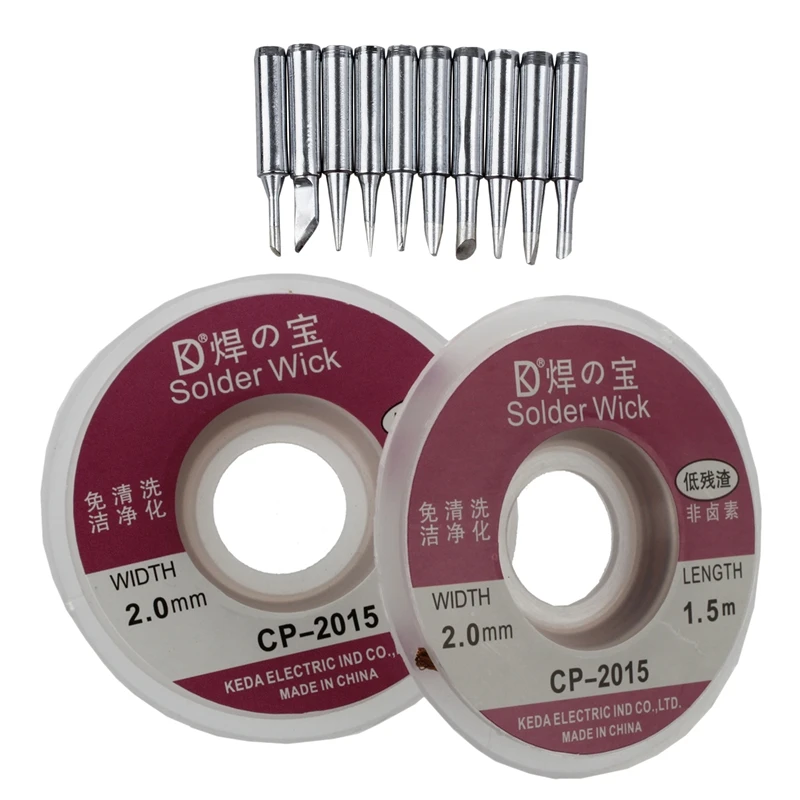 

10 Solder Soldering Iron Tip For Hakko Station 900M 933 & 2Pcs 2.0MM Solder Wick Remover Desoldering Braid Wire Sucker Cable Flu