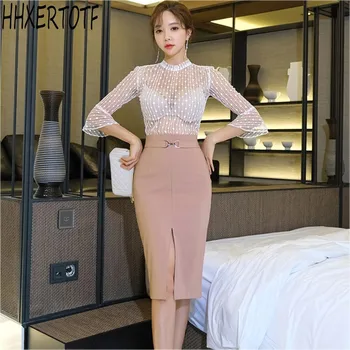 

2020 spring Summer 2 Pieces Suits Women Flare sleeve Perspective Shirt Top +Split Sheath Bodycon Pencil Skirt sets
