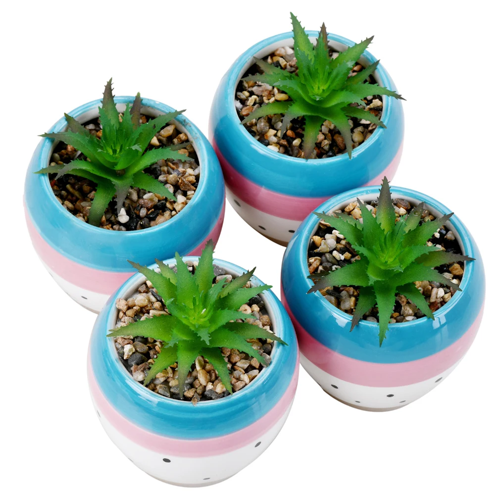 4.92 Inch Artificial Plastic Mini Plants with Pot Unique Green Succulent in Oval Ceramic Pot for Home Decoration Accessories