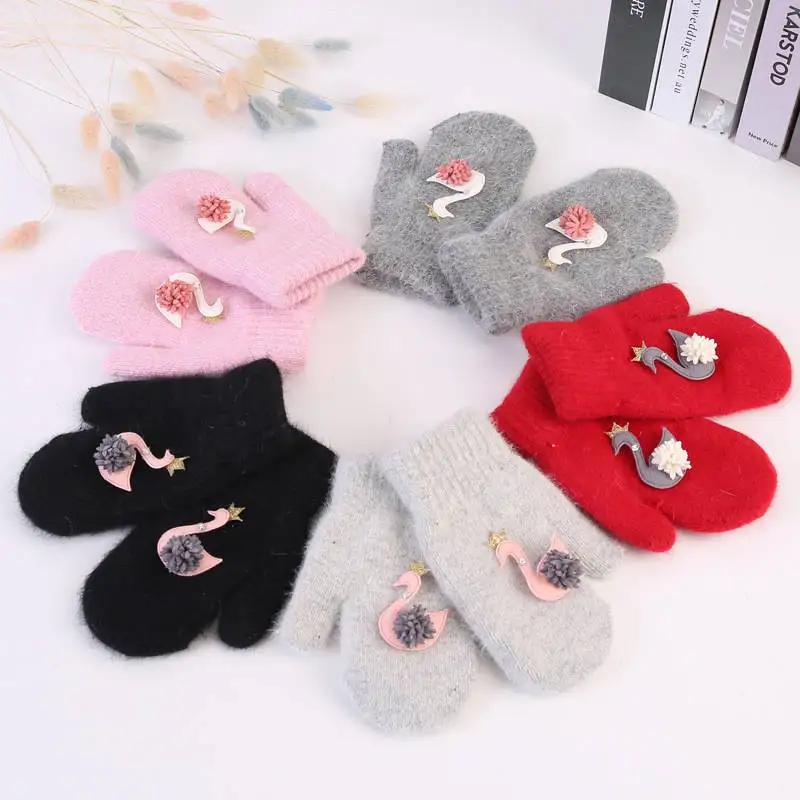 BalleenShiny Cartoon Little Swan Plus Velvet Thickening Children's Gloves for Boys And Girls Baby Warm Mittens Winter for 4-10Y
