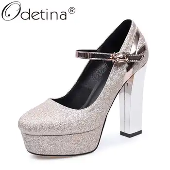 

Odetina Women Fashion Block Thick Extreme High Heel Party Pumps Ladies Buckle Strap Round Toe Platform Glitter Mary Janes Pumps