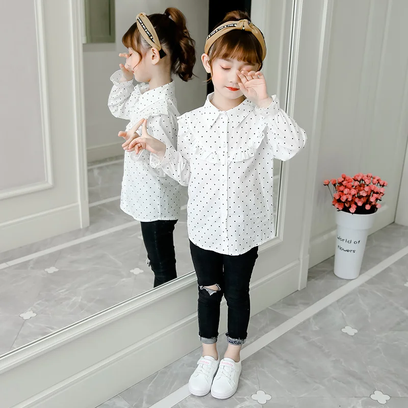Loose Girls Blouses Cotton Long Sleeve Dot Print Kids Shirts Cute Preppy Style Girls Clothes Tops Vestidos for 6 8 10 12 Years