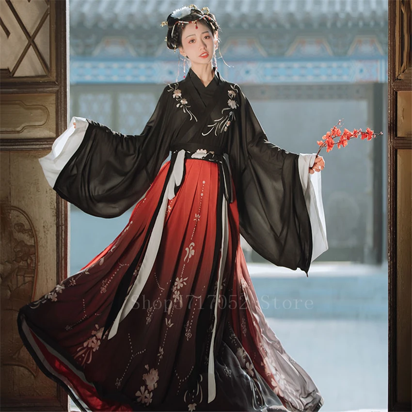 

Wei and Jin Dynasty Black Ancient Chinese Costume Hanfu Dress Women Elegant Embroidery Floral Blue Gradient Vestidos Folk Dance