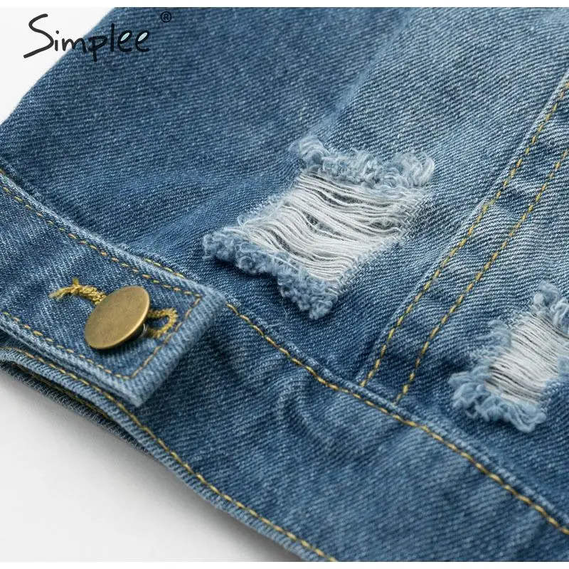 Simplee Fashion ripped denim jacket women Long sleeve buttons pocket female long jeans coat Streetwear plus size ladies jackets