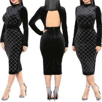 

Women Black Velvet Bodycon Dress Long Sleeves Backless Hollow Out Midi Diamond Check High Waist Package Hip Femme Fashion Wear