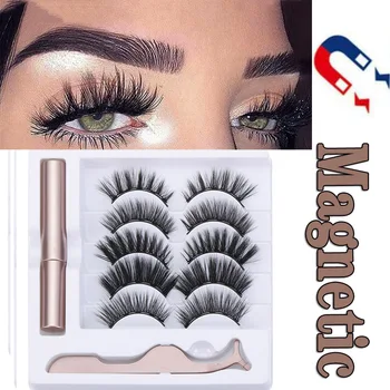 

5 Pairs Magnetic Liquid False Eyelashes Lashes With Magnetic Liquid Eyeliner Kit Tools Natural Wispies Fluffy Lashes