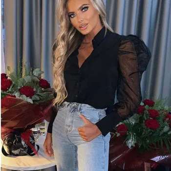 

Women's Sheer Mesh See-through Puff Long Sleeve Blouse Fashion Elegant Slim Solid Puff Long Sleeve Tops Shirt Lapel Fall Blouse
