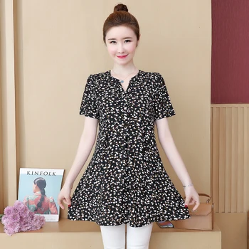 

COIGARSAM Plus Size Short Sleeve Shirt Womens tops Summer Chiffon Print Loose V-Neck Women shirts Design And Color 605