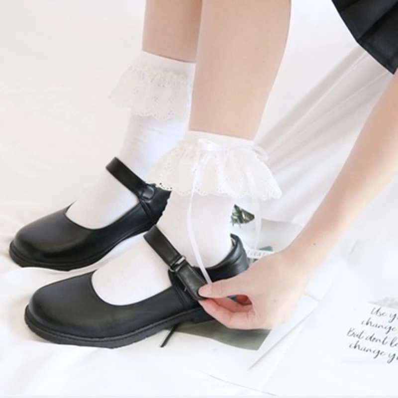 Осенне-зимние кружевные кавайные носки в стиле Лолиты для девочек, носки горничной, белые и черные хлопковые носки с рюшами, кружевные чулки с бантом