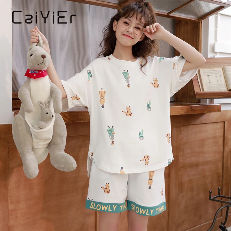 

CAIYIER New Summer Short Sleeve Women Pajama Set Cute Cat Print Cartoon Home Clothes 2Pcs Sleepwear Female Shorts Loose Nighties