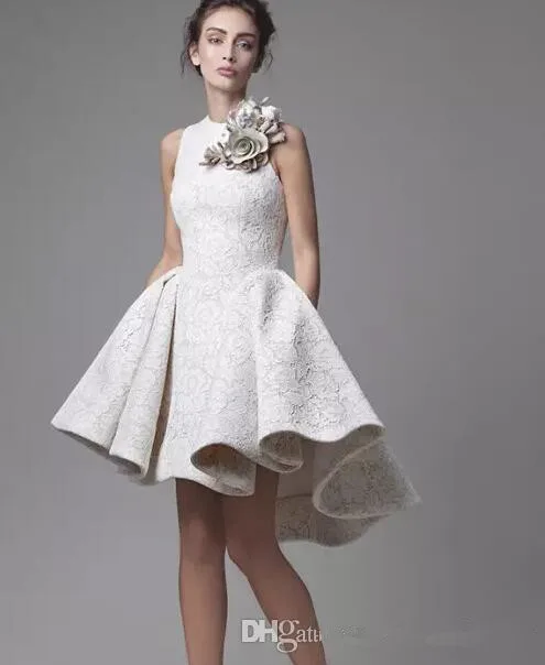 

High Low 2019 Homecoming Dresses A-line High Collar Short Mini Lace Flowers Elegant Cocktail Dresses