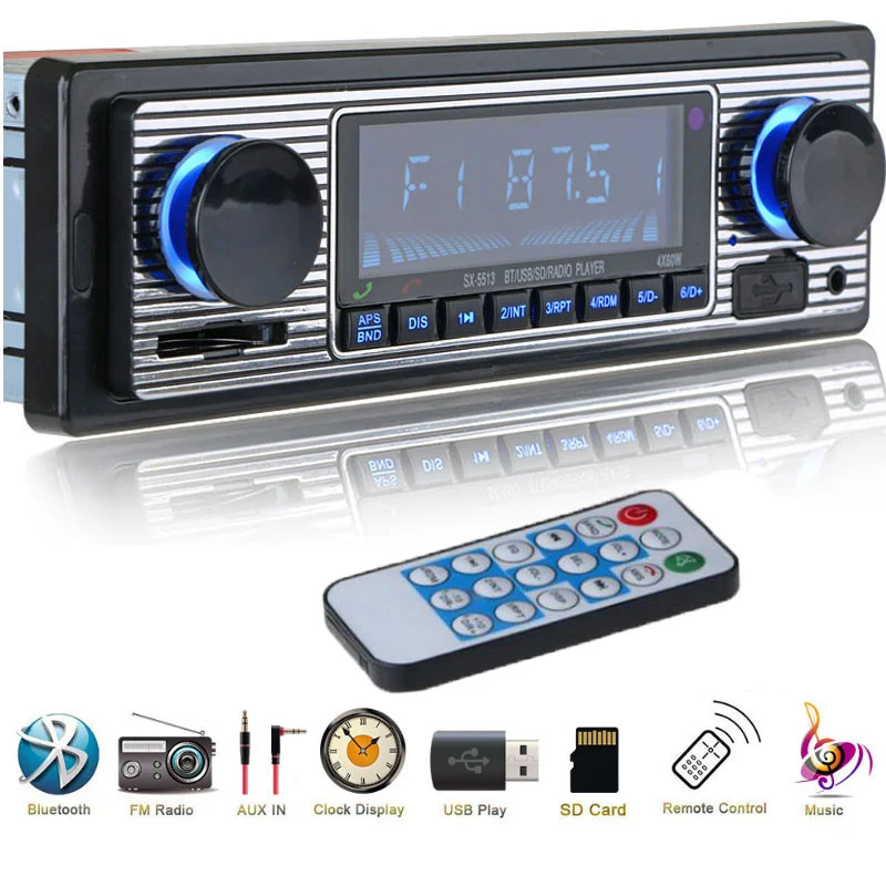 Автомагнитола 1 DIN мультимедийный плеер с Bluetooth в ретро стиле MP3 USB aux FM