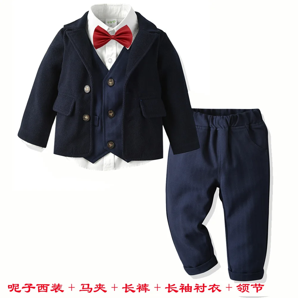 

5-piece classic wedding boy suit woolen jacket + shirt + vest + red bow tie + pants party set