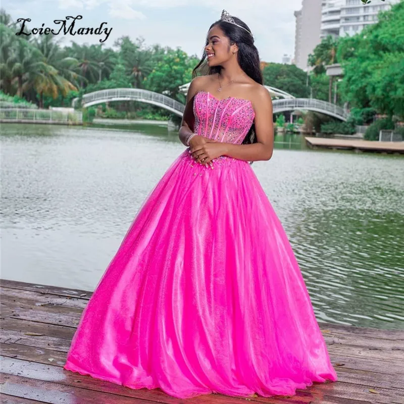 Vestidos de tul fucsia para quinceañera, vestido Formal de línea a para mujer, dulce 16, brillante con cuentas de cristal, 15 años, 2022 - AliExpress y eventos