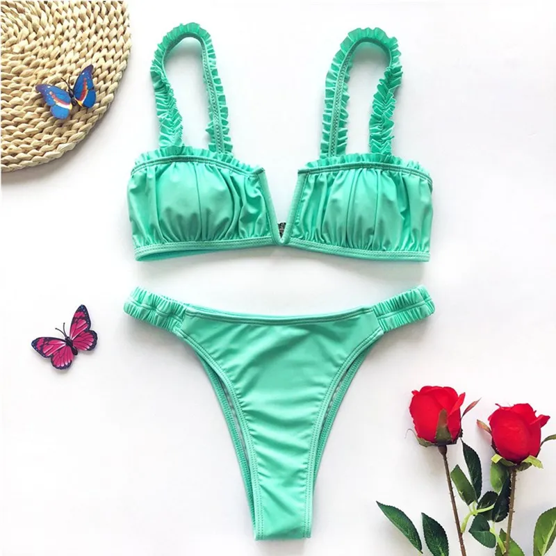 Sexy Bikinis Women Swimsuit Gradient Color Deep V-Neck Swimwear Ruffle Bands Push Up Waist Bathing Suit Thong Biquini 2020 Mujer Sexy Bikinis Women Swimsuit Gradient Color Deep V-Neck Swimwear Ruffle Bands Push Up Waist Bathing Suit Thong Biquini 2020 Mujer