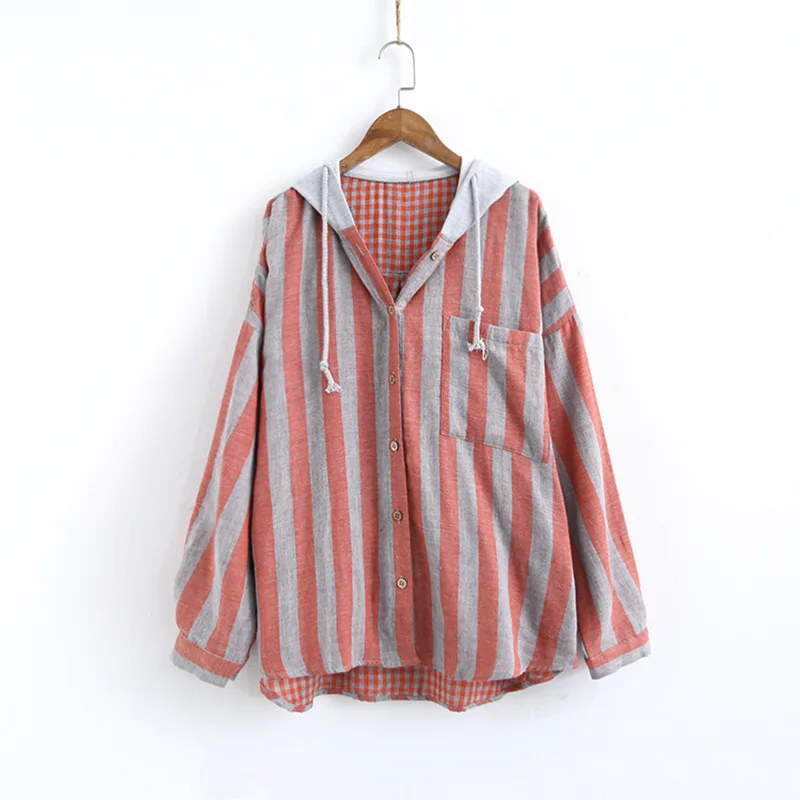 Red Striped Johnature, женские рубашки в клетку с капюшоном, свободные блузки, осень, Новые Карманы, 6 цветов, женские топы, длинный рукав, пуговицы, винтажные рубашки - Цвет: Red Striped