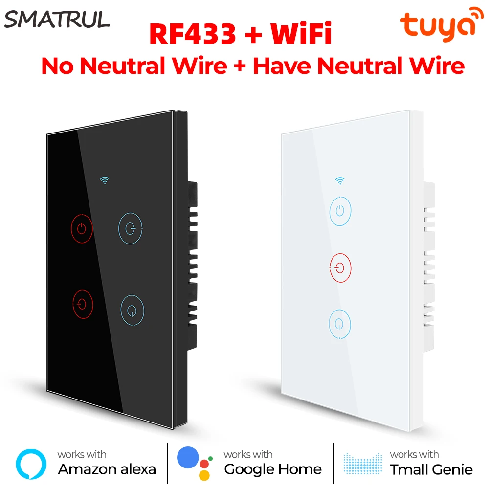 SMATRUL Tuya 433mhz Smart Wifi Touch Switch Light Brazil US No Neutral Wire Required Remote Timing Control For Alexa Google Home |