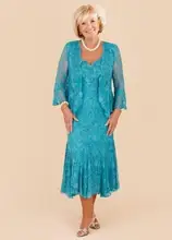 

Turquoise Lace Mother of the Bride Dresses 2018 with Wrap Tea Length Wedding Party Gowns De Los papa Vestidos De Novia Madrinha