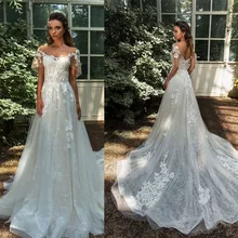 Свадебное платье трапециевидной формы с коротким рукавом и глубоким вырезом, с аппликацией и бисером, с открытой спиной, со шлейфом, свадебное платье vestido de novia