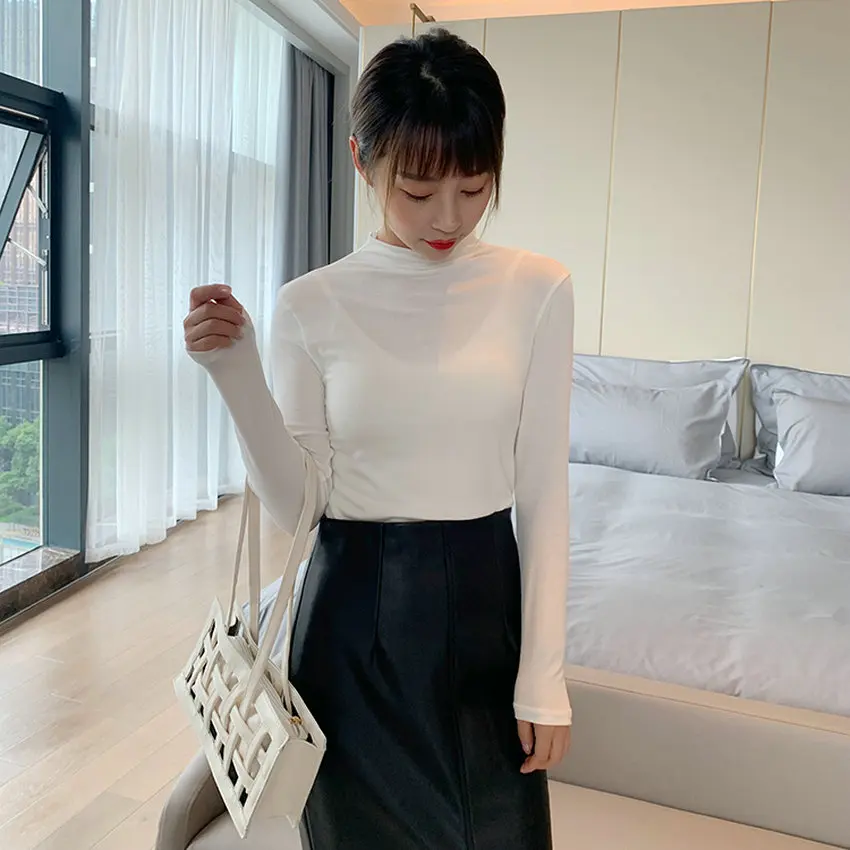 

Winter Autumn White Black Yellow Modal Blouses Women Slim Fit Mock Turtleneck Soft Comfort Bottoming Top Female Cozy Clothes