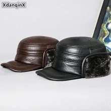 XdanqinX Мужская теплая зимняя шапка натуральная шляпа из натуральной кожи армейские военные шапки толстый бархат мужская плоская кепка из воловьей кожи