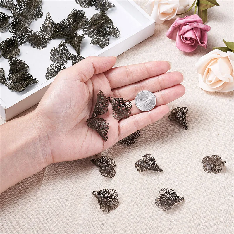 100pcs Filigree Flower Big Iron Bead Caps Connector for Jewelry Making DIY Necklace Earring Accessories Findings