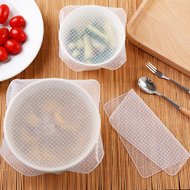 

4PC Reusable Silicone Caps Food Fresh Keeping Stretch Wrap Seal Film Bowl Cover Home Storage Organization Kitchen Tools