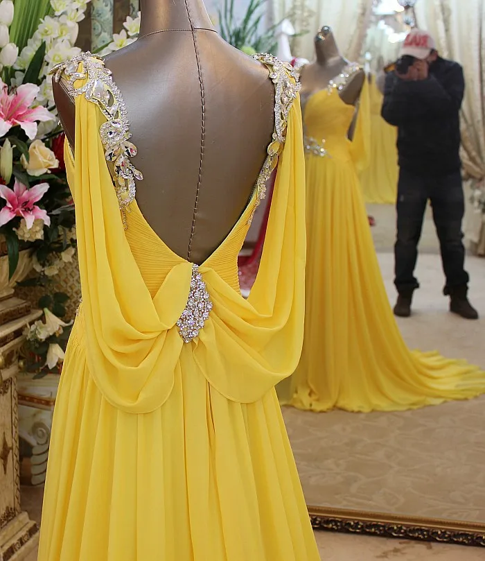 Роскошные Стразы Кристалл vestidos формальные невесты вечернее платье Фиолетовый шифон желтый Длинные платья для выпускников - Цвет: Цвет: желтый