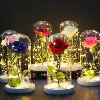 

2020 Beauty and The Beast Red Rose in a Glass Dome Wooden Base LED Fairy Flowers Lights Wedding Party Valentine's Day Gifts