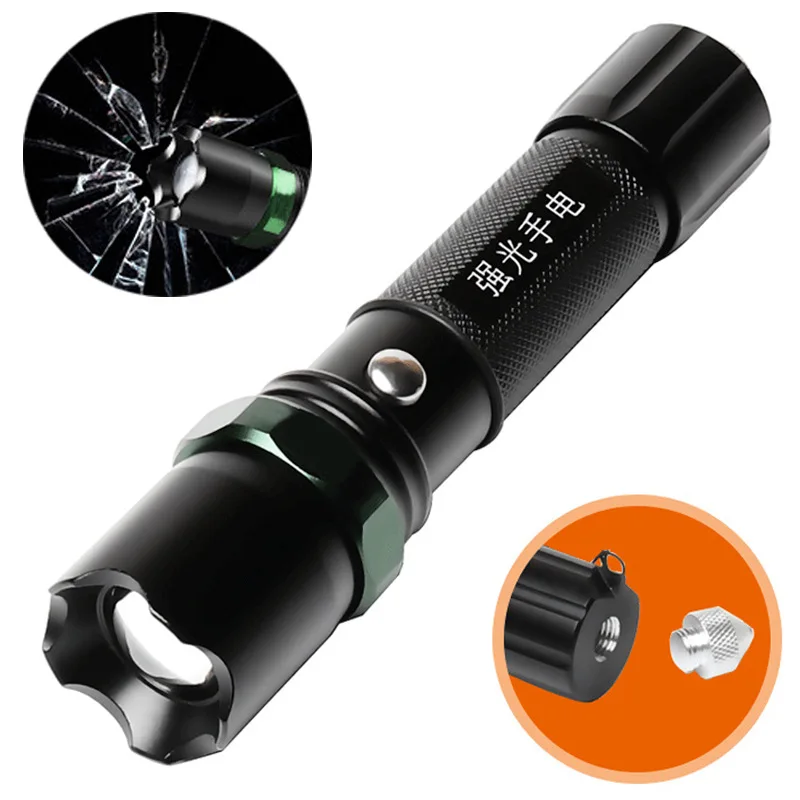 LED Tactical Flashlight 10W 500m Focusing 3 Light Modes with Safety Hammer White Strong Light Flashlight for Hiking Camping