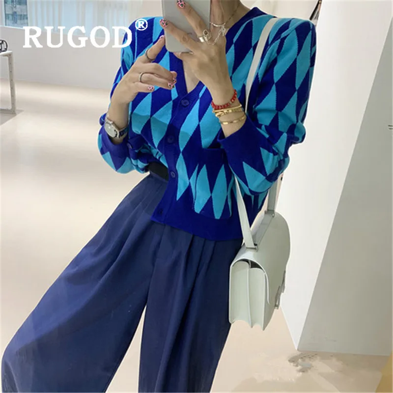 RUGOD, корейский стиль, свитер с v-образным вырезом, женский, контрастный цвет, однобортный, геометрические кардиганы, Повседневный, женский, Pull Femme Hiver
