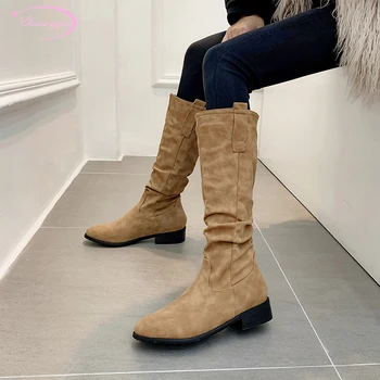 

Comfortable casual riding boots nubuck round toe knee high boots fashion pleated yellow khaki medium heel chunky women's shoes