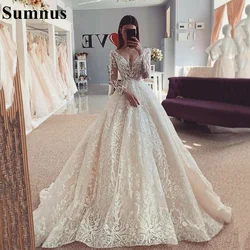 Sumnus Modern Princess A Line Wedding Dress 2022 Sexy V Neck Long Sleeves Lace Appliques Wedding Bridal Gown
