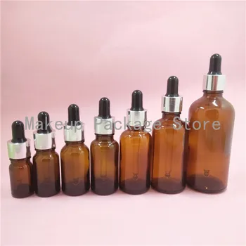 

2/10pcs 5/10/15/20/30/50/100ml Empty Amber Glass Essential Oil Dropper Bottle & Aluminum Dropping Cover Black Rubber Glue Head