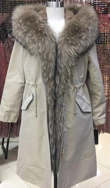 Женские зимние длинные парки пальто куртка воротник из лисьего меха съемная подкладка из меха кролика с капюшоном черный D24 - Цвет: beige 81syg 74m