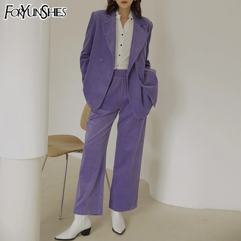 

FORYUNSHES 2 Pieces Sets Women Elegant Corduroy Blazer Office Ladies Jacket Female Double Breasted Coats Bottoms Spring Autumn