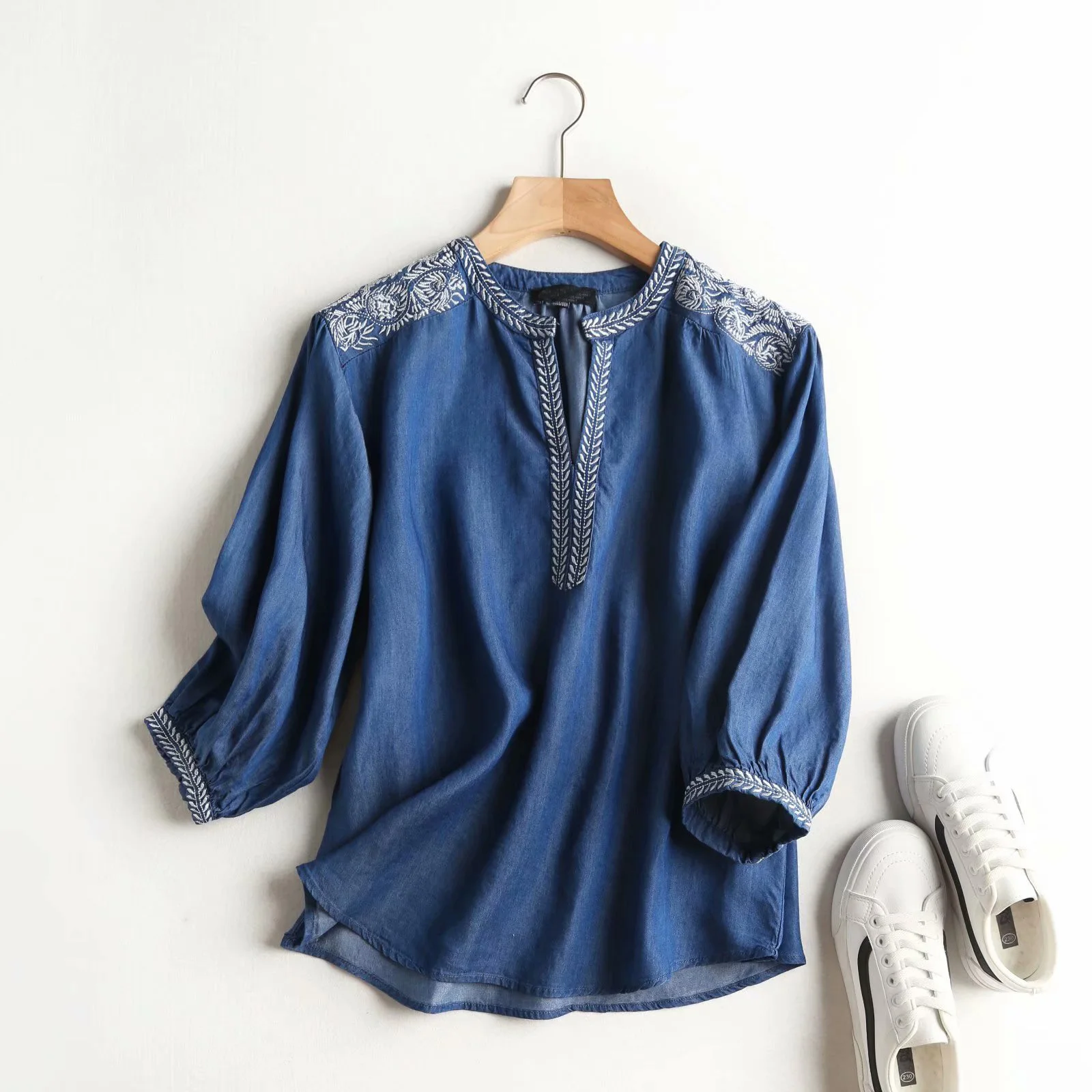 womens blouses denim women embroidery shirt blouse v neck long sleeve blue shirt blouse streetwear casual jeans shirt top satin shirts for women