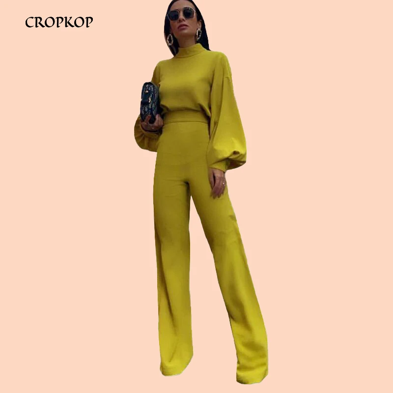 

Jumpsuit 2019 Women Casual Long Sleeve Long Pant White Ladies Romper Suit Elegant Half Turtleneck Wide Leg Trouser Fall Clothing