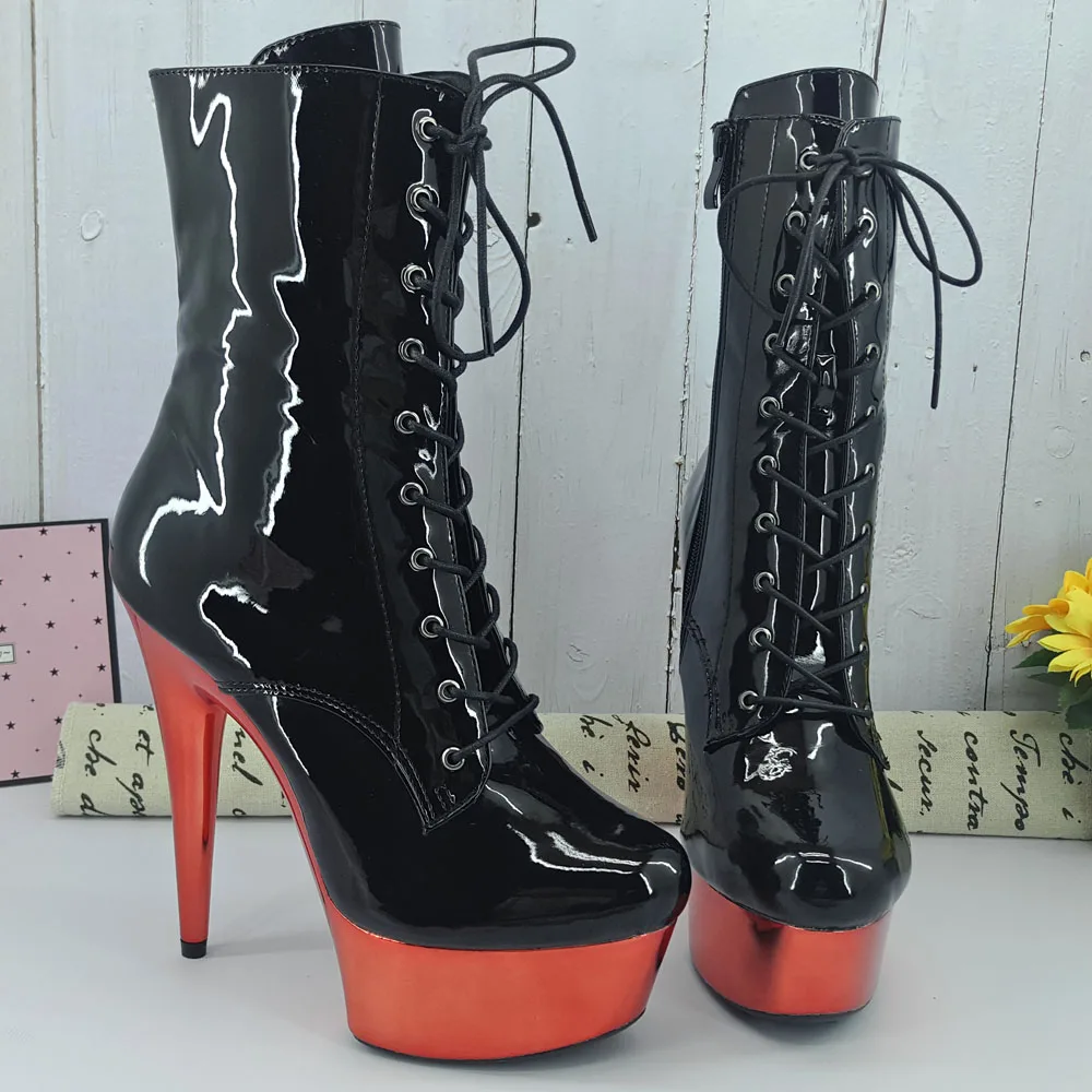 

Leecabe 15CM/6Inches RED platform with Shinny black upper High Heel platform Boots Closed toe Pole Dance boot