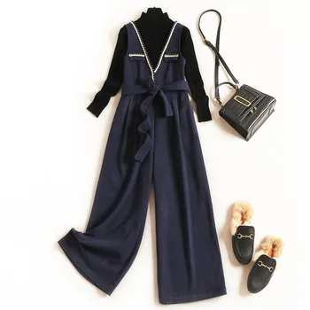 

Women winter woolen jumpsuit sleeveless chians trim V-neck sashes elegant overalls + black pullovers two piece set office blue