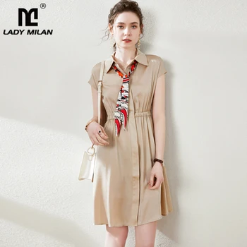 

100% Pure Silk Women's Runway Dresses Turn Down Collar Short Sleeves Sashes Elastic Waist Fashion Casual Dresses